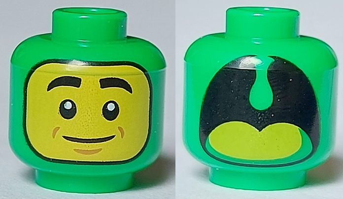 Minifigure, Head Dual Sided Balaclava, Yellow Face, Black Eyes, Eyebrows and Mouth / Open Mouth with Lime Tongue (Dragon) Pattern
