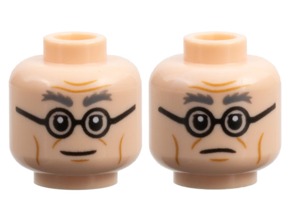 Minifigure, Head Dual Sided Dark Bluish Gray Bushy Eyebrows, Medium Nougat Cheek Lines and Wrinkles, Black Glasses, Slight Grin / Slight Frown Pattern