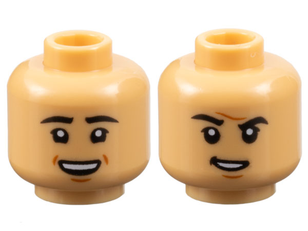 Minifigure, Head Dual Sided Male Black Eyebrows, Eyelashes, Dark Orange Chin Dimple, Open Mouth Smile with Top Teeth and Dimples / Grin and Furrowed Brow Pattern