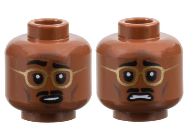 Minifigure, Head Dual Sided Black Eyebrows and Moustache, Gold Glasses, Dark Brown Cheek Lines and Chin Dimple, Worried with Raised Eyebrow Right / Scared Pattern