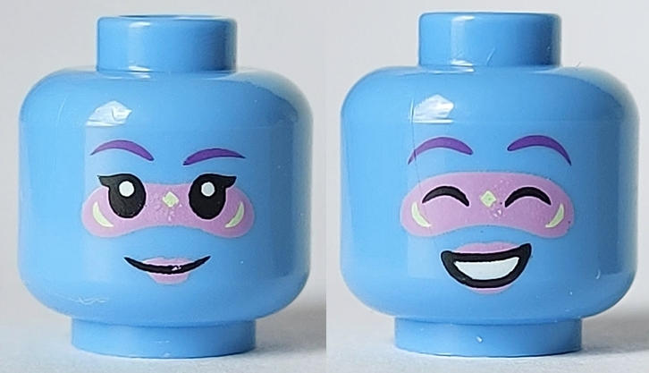 Minifigure, Head Dual Sided Female Dark Purple Eyebrows, Medium Lavender Lips and Around Eyes, Smile / Open Mouth with White Teeth Pattern