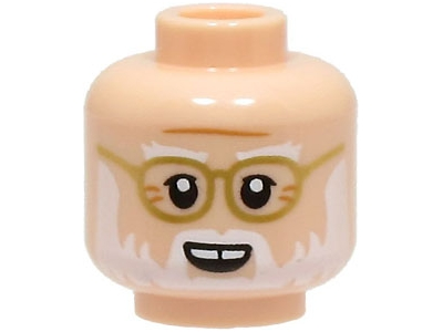 Minifigure, Head White Eyebrows and Beard, Gold Rimmed Glasses, Medium Nougat Forehead Crease and Age Lines, Open Mouth Smile Pattern