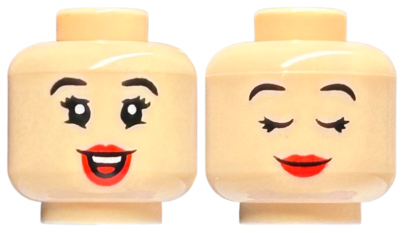 Minifigure, Head Dual Sided Black Eyebrows, Eyelashes, Red Lips, Smile with Teeth / Sleeping Pattern