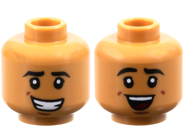Minifigure, Head Dual Sided Black Eyebrows, Reddish Brown Dimples, Lopsided Open Mouth Smile with Teeth / Laughing with Dark Red Tongue Pattern