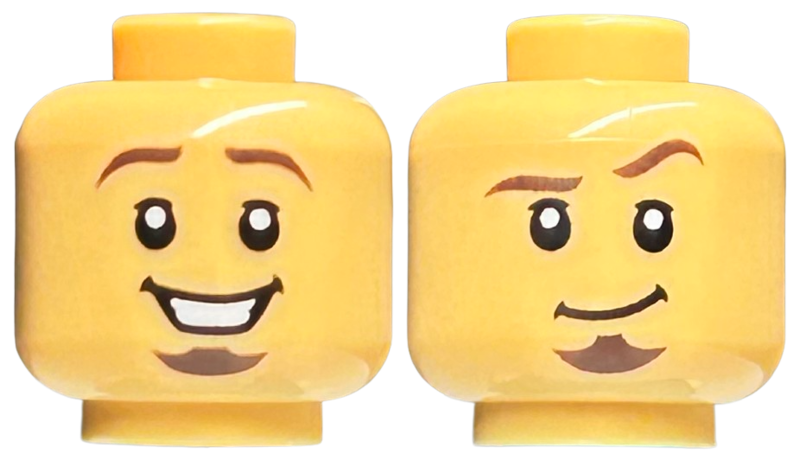 Minifigure, Head Dual Sided Dark Brown Eyebrows and Goatee, Smile with Teeth / Smirk with Raised Eyebrow Pattern