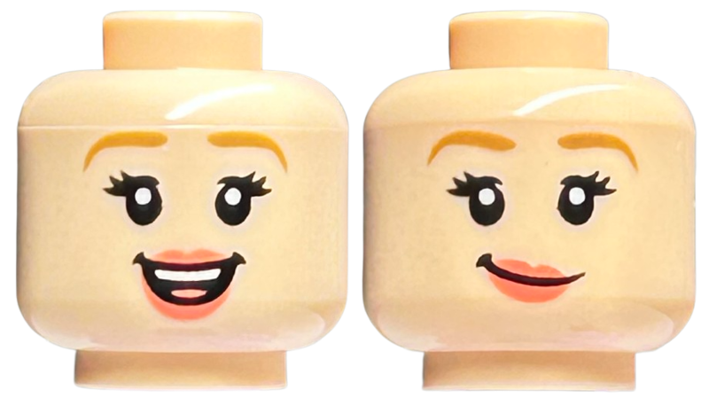 Minifigure, Head Dual Sided Female Medium Nougat Eyebrows, Eyelashes, Coral Lips, Open Mouth Smile with Top Teeth and Tongue / Smirk Pattern