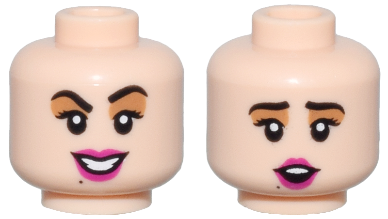 Minifigure, Head Dual Sided Female Black Eyebrows and Eyelashes, Medium Nougat Eye Shadow, Magenta Lips, Beauty Mark, Open Mouth Smile with Teeth / Surprised Pattern