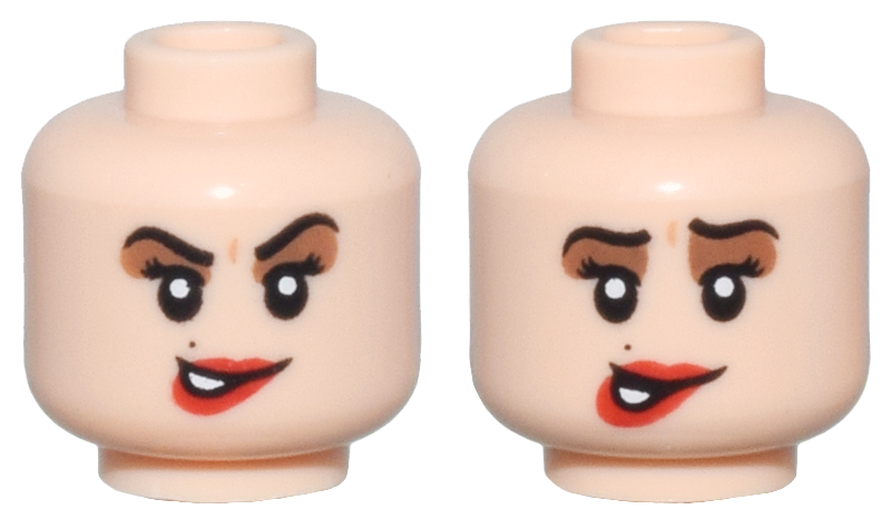 Minifigure, Head Dual Sided Female Black Eyebrows and Eyelashes, Medium Brown Eye Shadow, Red Lips, Beauty Mark, Lopsided Grin, Eyebrows Down / Eyebrows Up Pattern