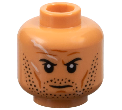 Minifigure, Head Male Black Eyebrows, Dark Brown Beard Stubble, Medium Nougat Cheek Lines, Chin Dimple, Furrowed Brow, Neutral, White Scars on Back Pattern