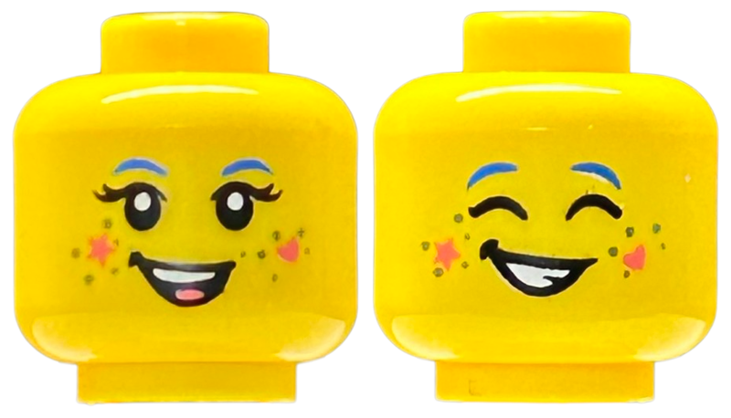 Minifigure, Head Dual Sided Female Blue Eyebrows, Coral Tongue, Star and Heart, Silver Dots, Open Mouth Smile with Teeth and Black Open Eyes / Closed Eyes Pattern