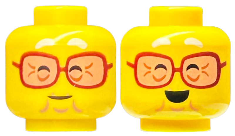 Minifigure, Head Dual Sided White Eyebrows, Reddish Brown Glasses with Nougat Lenses, Closed Eyes, Chin Dimple, Wrinkles, Grin / Open Mouth Smile Pattern