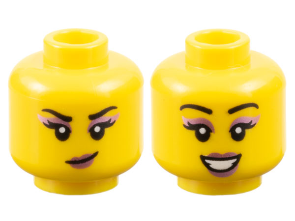 Minifigure, Head Dual Sided Female Black Eyebrows and Eyelashes, Metallic Pink Eye Shadow and Lips, Smirk / Open Mouth Smile with Teeth Pattern