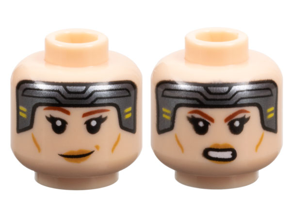 Minifigure, Head Dual Sided Female Dark Silver Headband, Reddish Brown Eyebrows, Medium Nougat Lips, Smile / Open Mouth Angry Pattern (SW Bo-Katan Kryze)