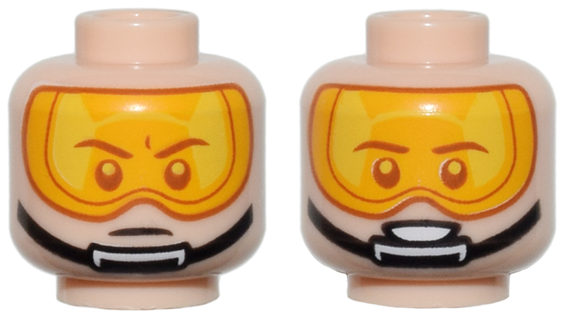 Minifigure, Head Dual Sided Bright Light Orange Visor, Black Chin Strap, Determined / Open Mouth Smile with Teeth Pattern
