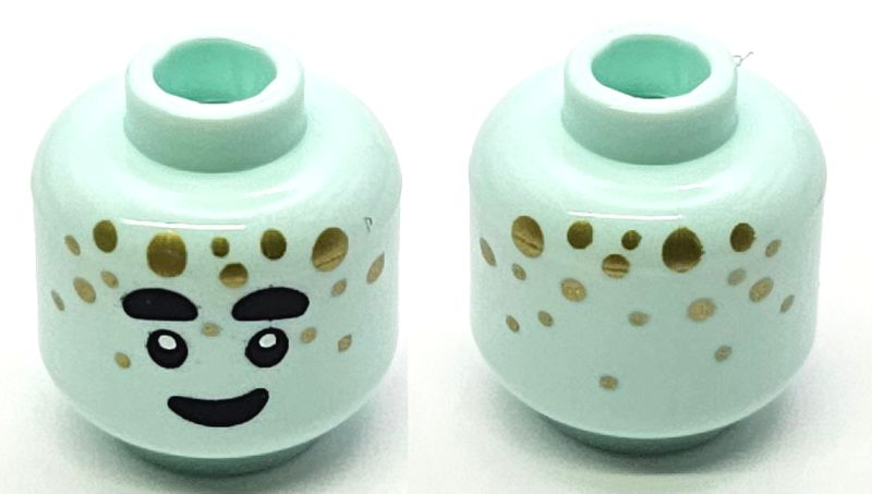 Minifigure, Head Alien Black Thick Eyebrows, Eyes, and Smile, Gold Dots Pattern