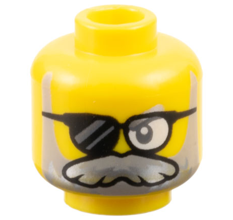 Minifigure, Head Dark Bluish Gray Eye, Black Sunglasses with Clear Left Lens, Light Bluish Gray and Silver Beard and Moustache Pattern