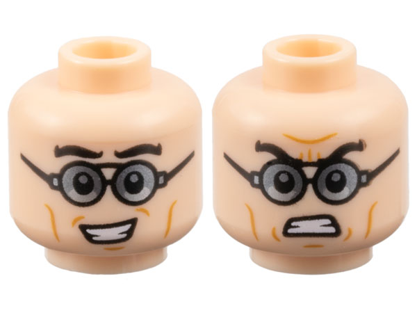 Minifigure, Head Dual Sided Black Thick Eyebrows, Glasses with Dark Silver Lenses, Medium Nougat Cheek Lines, Open Mouth Smile / Bared Teeth with Furrowed Brow Pattern