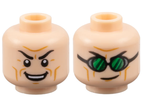 Minifigure, Head Dual Sided Black Eyebrows, Medium Nougat Cheek Lines and Wrinkles, Furrowed Brow, Open Mouth Smile with Top Teeth / Lopsided Grin, Goggles with Green Lenses Pattern