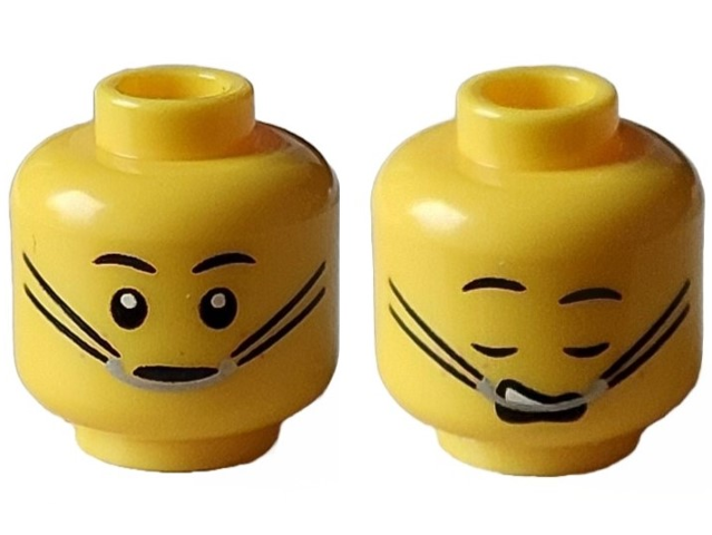 Minifigure, Head Dual Sided Black Eyebrows, Silver Braces with Black Straps, Open Eyes and Closed Mouth / Closed Eyes and Open Mouth (Sleeping) Pattern