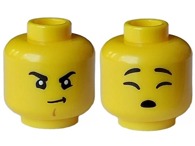 Minifigure, Head Dual Sided Black Eyebrows, Medium Nougat Chin Dimple, Scowl / Open Mouth Sleeping Pattern