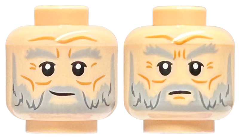 Minifigure, Head Dual Sided Light Bluish Gray Bushy Eyebrows, Moustache, and Beard, Medium Nougat Cheek Lines, Wrinkles, and Forehead Crease, Slight Smirk / Neutral Pattern