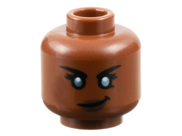 Minifigure, Head Female Black Eyebrows and Eyelashes, Metallic Light Blue Eyes, Dark Brown Lips, Lopsided Grin Pattern