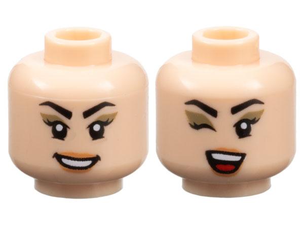 Minifigure, Head Dual Sided Female Black Angled Eyebrows and Eyelashes, Dark Tan Eye Shadow, Nougat Lips, Open Mouth Smile with Teeth / Winking, Red Tongue Pattern