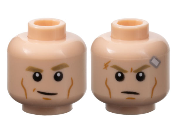 Minifigure, Head Dual Sided Dark Tan Eyebrows, Medium Nougat Cheek Lines and Chin Dimple, Smirk / Scowl with Scar and Bandage Pattern