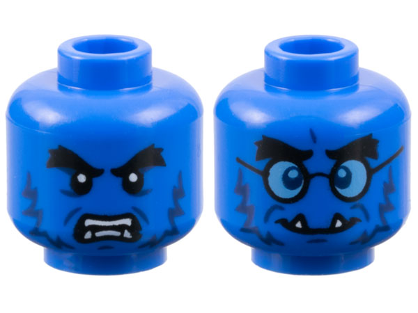 Minifigure, Head Dual Sided Alien Black Bushy Eyebrows, Dark Blue Fur, White Lower Fangs, Open Mouth Scowl with Teeth Parted / Grin with Glasses Pattern