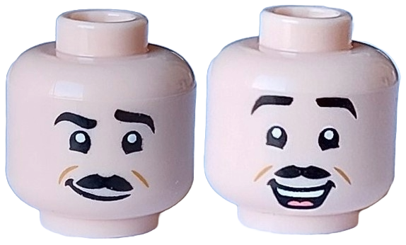 Minifigure, Head Dual Sided Black Eyebrows, Narrow Moustache, Medium Nougat Cheek Dimples, Lopsided Grin / Open Mouth Smile with Top Teeth and Coral Tongue Pattern