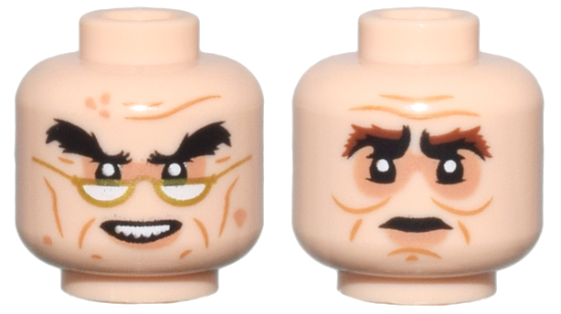 Minifigure, Head Dual Sided Medium Nougat Cheek Lines and Wrinkles, Nougat Eye Shadow and Lower Lip, Black Bushy Eyebrows, Gold Glasses, and Open Mouth Smile with Teeth / Reddish Brown Bushy Eyebrows and Neutral Pattern