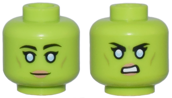 Minifigure, Head Dual Sided Alien Female Black Eyebrows and Single Eyelashes, Bright Light Blue Eyes, Olive Green Cheek Lines, Nougat Lips, Grin / Open Mouth Scowl with Teeth Pattern