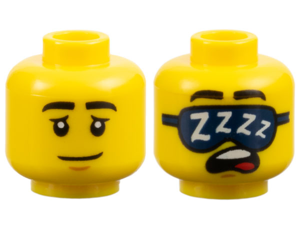 Minifigure, Head Dual Sided Black Eyebrows, Medium Nougat Chin Dimple, Neutral with Eyelids / Sleeping with Open Mouth, Dark Blue Sleep Mask with White 'ZZZZ' Pattern
