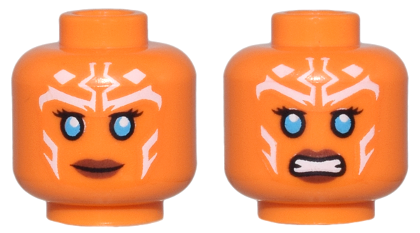 Minifigure, Head Dual Sided Alien Female SW Togruta with Black Eyelashes, Dark Azure Eyes, Reddish Brown Lips, White Markings, Grin / Angry Bared Teeth Pattern