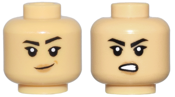 Minifigure, Head Dual Sided Female Black Angled Eyebrows, Thick Single Eyelashes, Nougat Lips, Smirk with Medium Nougat Dimple / Open Mouth Scowl with Teeth Pattern