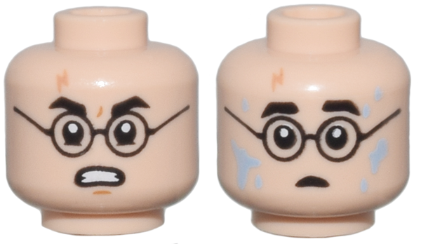 Minifigure, Head Dual Sided Black Eyebrows and Glasses, Nougat Lightning Scar, Angry with Bared Teeth / Shocked with Bright Light Blue Water Splotches Pattern
