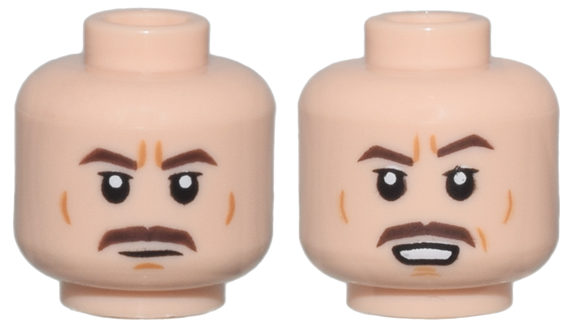 Minifigure, Head Dual Sided Dark Brown Angled Eyebrows and Moustache, Medium Nougat Wrinkles and Chin Dimple, Neutral / Open Mouth with Teeth Pattern