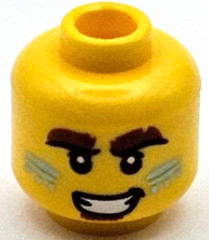 Minifigure, Head Reddish Brown Bushy Eyebrows and Soul Patch, Metallic Light Blue Lines and Dots on Cheeks, Open Mouth Smile with Teeth Pattern