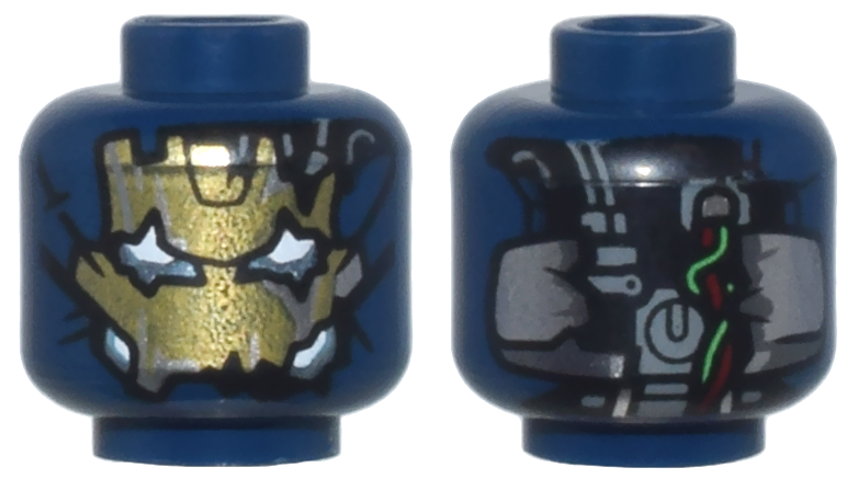 Minifigure, Head Alien Robot with Gold Fractured Face, White and Metallic Light Blue Jagged Eyes and Cheeks, Wires and Dark Bluish Gray Parts on Back Pattern