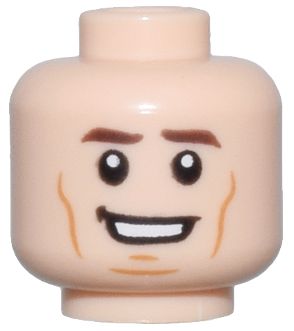 Minifigure, Head Dark Brown Eyebrows, Medium Nougat Long Cheek Lines and Chin Dimple, Open Mouth Smile with Teeth Pattern