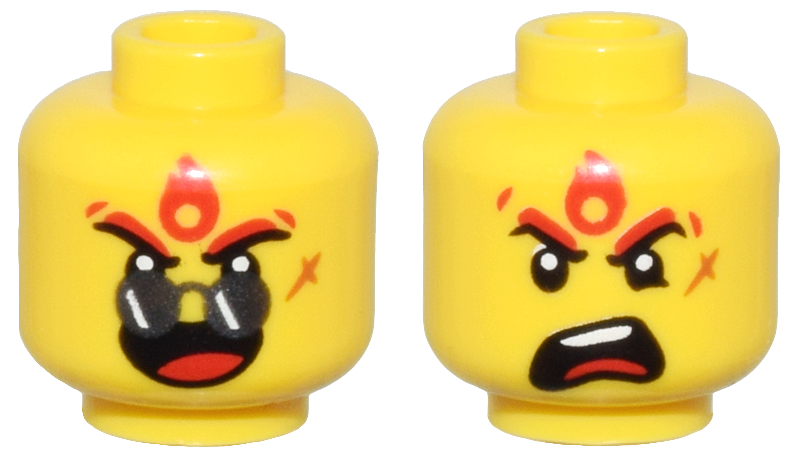 Minifigure, Head Dual Sided Black and Red Eyebrows, Silver Sunglasses, Red Flame Mark, Scar, Open Mouth Smile / Angry Open Mouth, White Teeth Pattern