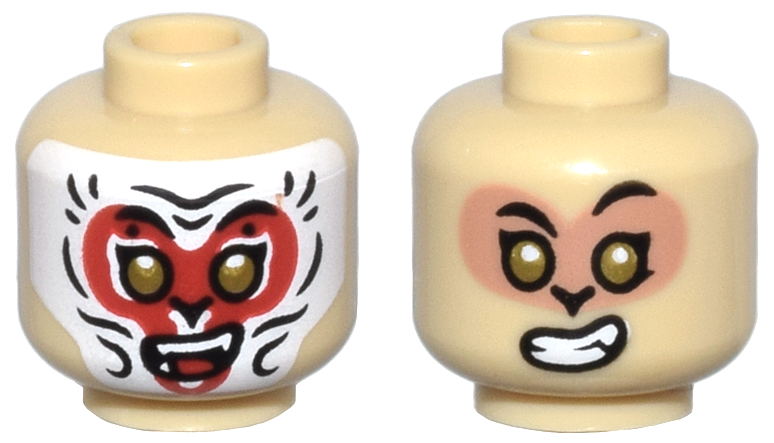 Minifigure, Head Dual Sided Alien Black Eyebrows, Gold Eyes, Open Mouth Smile with Teeth, White and Red Face Paint with Animal Stripes / Nougat Face Pattern