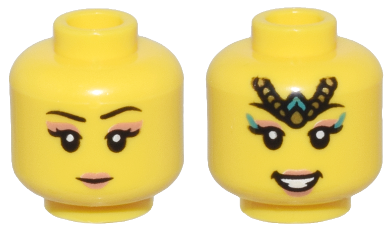 Minifigure, Head Dual Sided Female Thin Black Eyebrows, Nougat Eye Shadow and Lips, Smile / Gold Tiara and Dark Turquoise Highlights Pattern