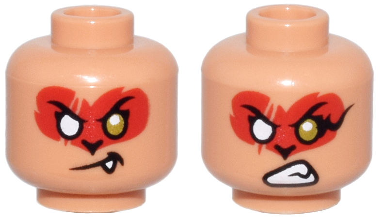 Minifigure, Head Dual Sided Red Fur, Gold Eye Left, White Eye Right, Crooked Mouth with Fang / Teeth Bared Grimace Pattern