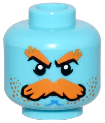 Minifigure, Head Orange and Black Bushy Eyebrows, Moustache and Stubble, Blue Chin Dimple Pattern