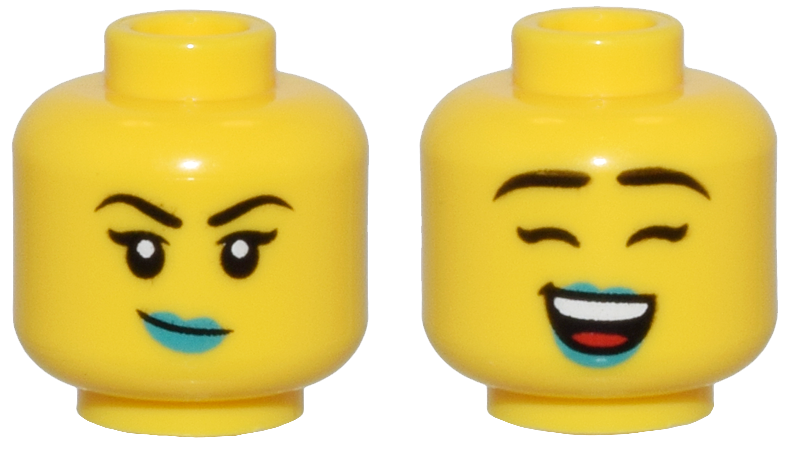 Minifigure, Head Dual Sided Female Thin Black Eyebrows, Dark Turquoise Lips, and Crooked Smile / Closed Eyes, Open Mouth Smile Pattern