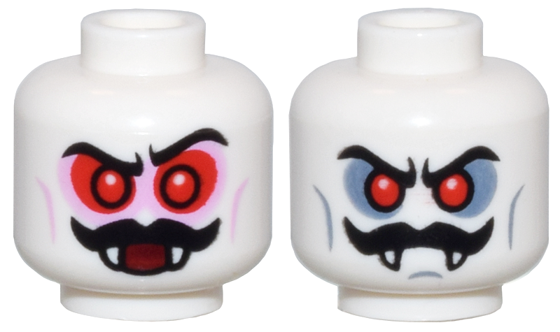 Minifigure, Head Dual Sided Red Eyes, Black Moustache, Fangs, and Red Eye Circles / Dark Bluish Gray Eye Circles Pattern