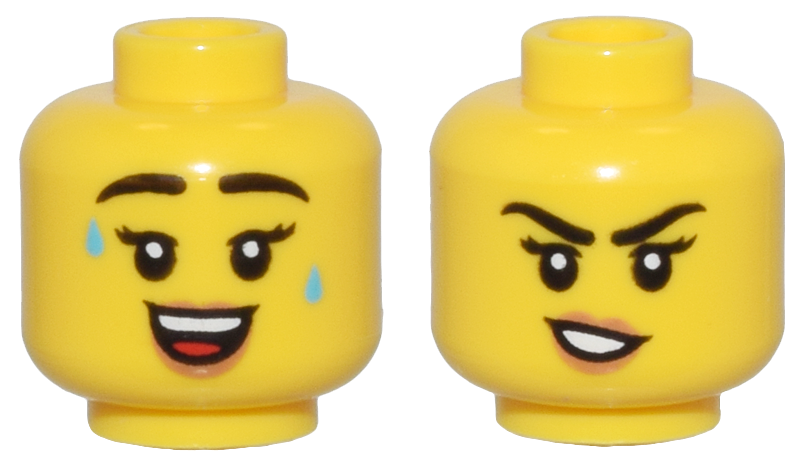 Minifigure, Head Dual Sided Female Black Eyebrows and Eyelashes, Medium Nougat Lips, Sweat Drops and Open Mouth Smile / Crooked Mouth Pattern