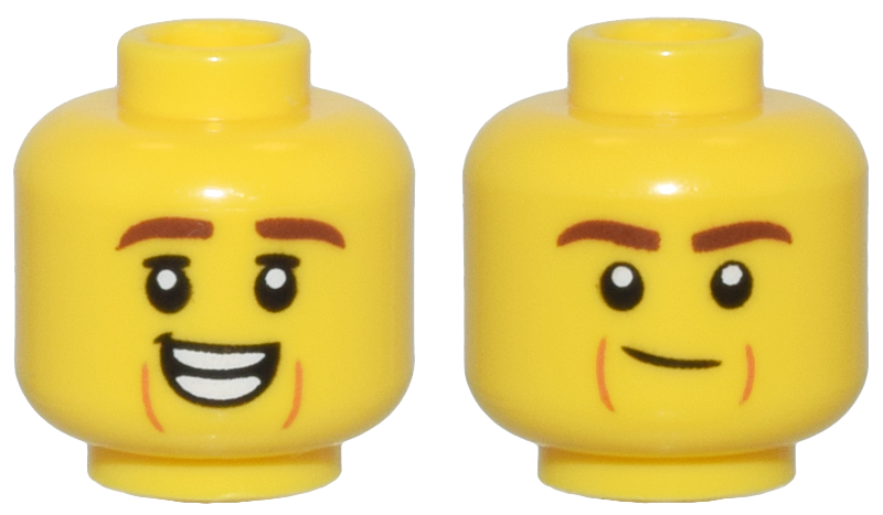 Minifigure, Head Dual Sided Reddish Brown Eyebrows, Dark Orange Cheek Lines, and Open Mouth Smile / Smirk Pattern