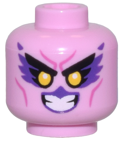 Minifigure, Head Alien Female Black Eyebrows, Dark Purple Feathers and Lips, Yellow Eyes, and Dark Pink Cheek Lines Pattern
